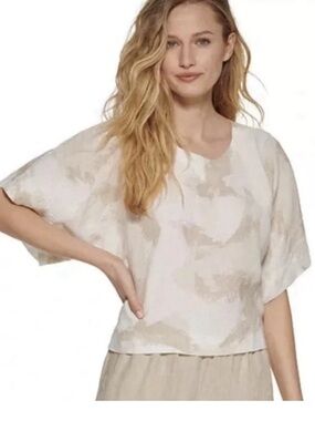 DKNY Pure Linen Blend Short Sleeve Blouse Boxy Crop Neutral Coastal Tan Small
